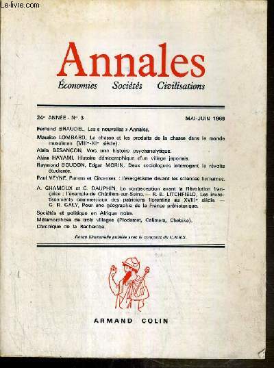 ANNALES - ECONOMIES - SOCIETES - CIVILISATIONS - N3 - MAI - JUIN 1969 - 24eme ANNEE - les 