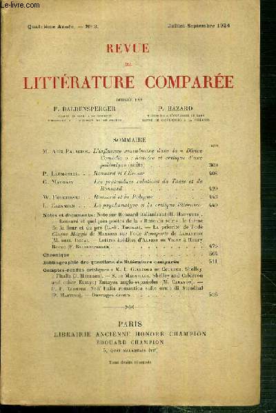 REVUE DE LITTERATURE COMPAREE - QUATRIEME ANNEE - N3 - JUILLET-SEPTEMBRE 1924 - M. Asin Palacios: l'influence musulman dans la 