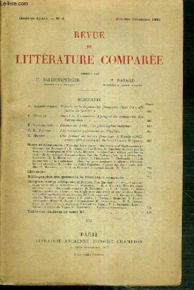 REVUE DE LITTERATURE COMPAREE - ONZIEME ANNEE - N4 - OCTOBRE-NOVEMBRE 1931 - F. Baldensperger: Voltaire et la diplomatie francaise dans les 