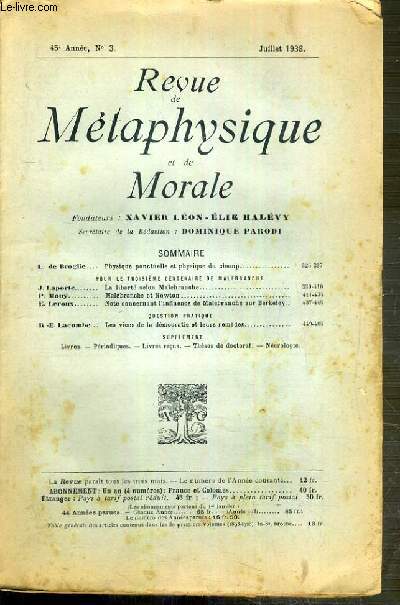 REVUE DE METAPHYSIQUE ET DE MORALE - N 3 - JUILLET 1938 -