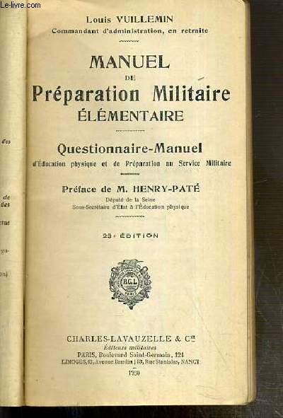 MANUEL DE PREPARATION MILITAIRE ELEMENTAIRE - QUESTIONNAIRE MANUEL D'EDUCATION PHYSIQUE ET DE PREPARATION AU SERVICE MILITAIRE - 23eme EDITION