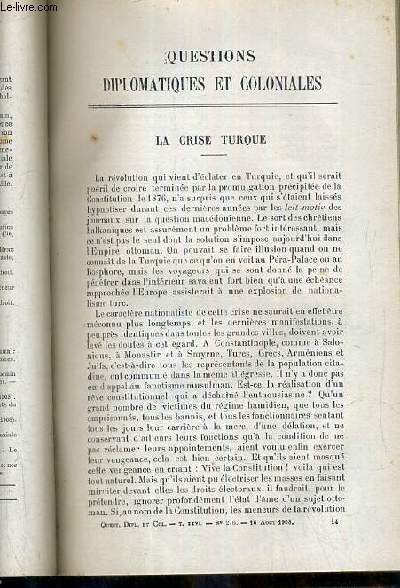 LA CRISE TURQUE - QUESTIONS DIPLOMATIQUES ET COLONIALES - TOME XXVI - N276 - 16 AOUT 1908.