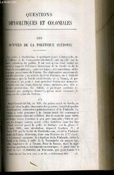 LES DONNEES DE LA POLITIQUE SUEDOISE - QUESTIONS DIPLOMATIQUES ET COLONIALES - TOME XXVI - N278 - 16 SEPTEMBRE 1908.