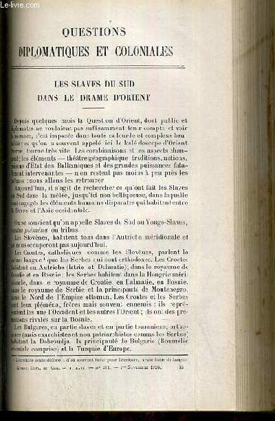 LES SLAVES DU SUD DANS LE DRAME D'ORIENT - QUESTIONS DIPLOMATIQUES ET COLONIALES - TOME XXVI - N281 - 1er NOVEMBRE 1908.