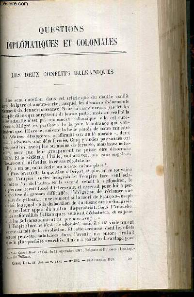 LES DEUX CONFLITS BALKANIQUES + LES SLAVES DU SUD DANS LE DRAME D'ORIENT, SERBIE, MONTENEGRO ET BOSNIE-HERZEGOVINE - QUESTIONS DIPLOMATIQUES ET COLONIALES - TOME XXVI - N282 - 16 NOVEMBRE 1908.