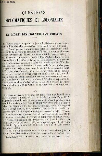 LA MORT DES SOUVERAINS CHINOIS + GUILLAUME II - QUESTIONS DIPLOMATIQUES ET COLONIALES - TOME XXVI - N282 - 1er DECEMBRE 1908.