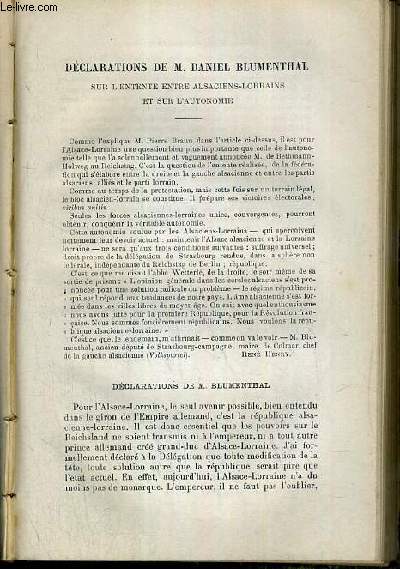 DECLARATIONS DE M. DANIEL BLUMENTHAL SUR L'ENTENTE ENTRE ALSACIENS-LORRAINS ET SUR L'AUTONOMIE - TOME XXIX.