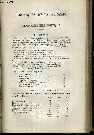 CHRONIQUES DE LA QUIZAINE, RENSEIGNEMENTS POLITIQUES, EUROPE, FRANCE, AUTRICHE-HONGRIE, ESPAGNE, ITALIE, RUSSIE, TURQUIE, INDO-CHINE, CHINE, ALGERIE, TUNISIE, EGYPTE, REP. ARGENTINE, BRESIL, VENEZUELA..- RENSEIGNEMENTS ECO + LA CARICATURE A L'ETRANGER...