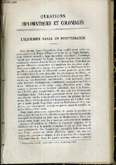 L'EQUILIBRE NAVAL EN MEDITERRANEE - QUESTIONS DIPLOMATIQUES ET COLONIALES - TOME XXX (Juillet-Decembre) 1910 - QUATORZIEME ANNEE.