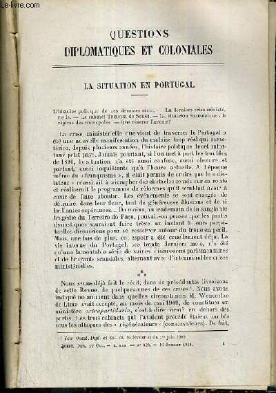 LA SITUATION EN PORTUGAL + M. DE KIDERLEN-WAECHTER - QUESTIONS DIPLOMATIQUES ET COLONIALES - TOME XXX - N322 - 16 JUILLET 1910.