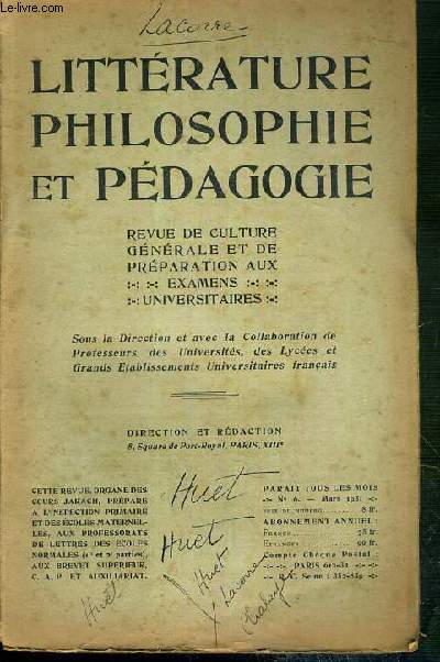 LITTERATURE PHILOSOPHIE ET PEDAGOGIE - N6 - MARS 1931 - pedagogie generale, education et pedagogie, sociologie et pedagogie, faits individuels et faits sociaux, l'education est une socialisation, auteurs philoisophiques, J.-J. Rousseau: Emile II...