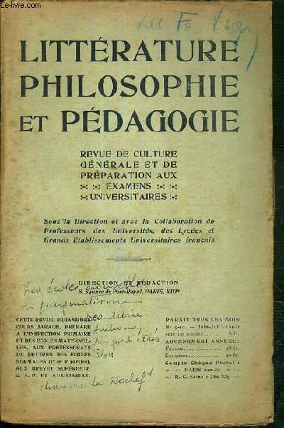 LITTERATURE PHILOSOPHIE ET PEDAGOGIE - N9-10 - JUIN-JUILLET 1931 - auteurs philosophiques, notes sur les 