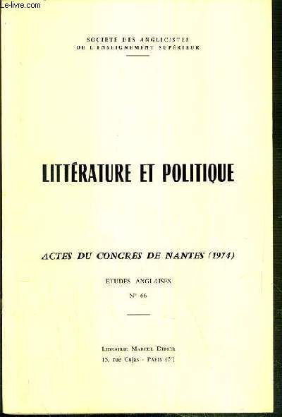LITTERATURE - LINGUISTIQUE - CIVILISATION - PEDAGOGIE - ACTES DU CONGRES DE NANTES (1974) - ETUDES ANGLAISES - N66
