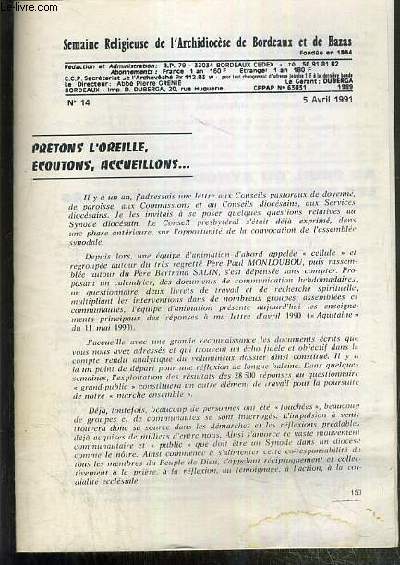 SEMAINE RELIGIEUSE DE L'ARCHIDIOCESE DE BORDEAUX ET DE BAZAS - N14 - 5 AVRIL 1991