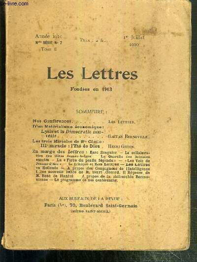 LES LETTRES - N 7 - TOME II - 1er JUILLET 1920 - NOUVELLE SERIE