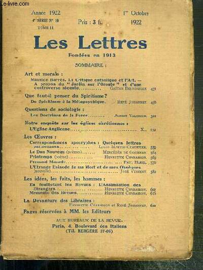 LES LETTRES - N 10 - TOME II - 1er OCTOBRE 1922 - 4e SERIE - Maurice Barres, la critique catholique et l'Art. -  propos du 