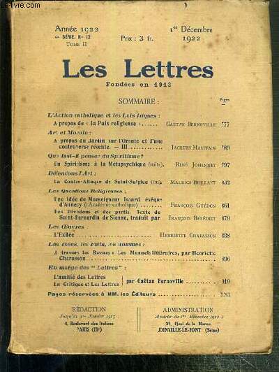 LES LETTRES - N 12 - TOME II - 1er DECEMBRE 1922 - 4e SERIE - l'action catholique et les Lois laiques:  propos de 