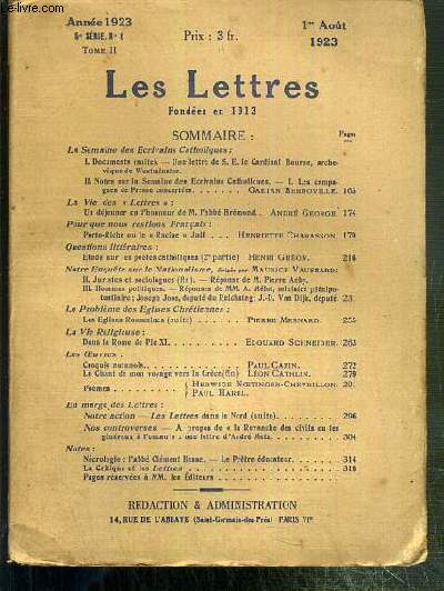 LES LETTRES - N 8 - TOME II - 1er AOUT 1923 - 5e SERIE - la vie des 