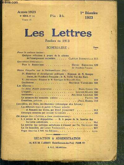 LES LETTRES - N 12 - 1er DECEMBRE 1923 - TOME II - 5e SERIE - le chien d'arret (nouvelle) par Paul Cazin - l'orgueil par Lucien Klotz - Gethsemani par Maurice Chapon - le massacre des innocents, poemes par Fagus...