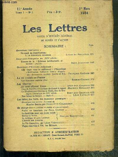 LES LETTRES - N 3 - TOME I - 1er MARS 1924 - un essai de classification: I. la litterature colloidale par Lucas de Peslouan - la pense francaise au XIXe siecle: examen de la 