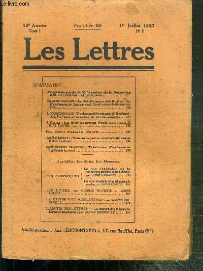 LES LETTRES - N 3 - TOME II - 1er JUILLET 1927 - le Jubil sans jubilation du Professeur Loisy (fin) - le bienheureux Paul - poisson d'Avril....