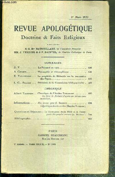 REVUE D'APOLOGETIQUE - DOCTRINE & FAIT RELIGIEUX - N 380 - 1er MARS 1922 - la Papaut en 1922 par J. V. - theosophie et theosophisme par A. Girard - la prophetie de Malachie sur la succession des Papes par E. Vacancard....