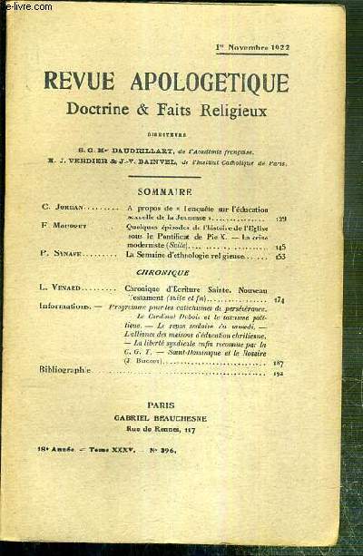 REVUE D'APOLOGETIQUE - DOCTRINE & FAIT RELIGIEUX - N 396 - 1er NOVEMBRE 1922 -  propos de 
