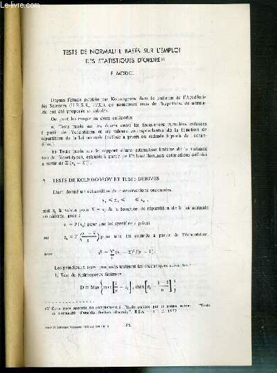 TESTS DE NORMALITE BASES SUR L'EMPLOI DES STATISTIQUES D'ORDRE - TIRE A PART - REVUE DE STATISTIQUE APPLIQUEE 1975 VOL XXIII N3