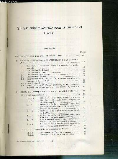 QUELQUES MODELES MATHEMATIQUES DE DUREE DE VIE - TIRE A PART - REVUE DE STATISTIQUE APPLIQUEE 1966 VOL XIV N1