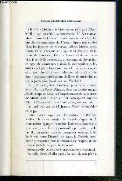MOLLAT - CENT ANS DE LIBRAIRIE A BORDEAUX 1896-1996 - EXEMPLAIRE HORS COMMERCE.