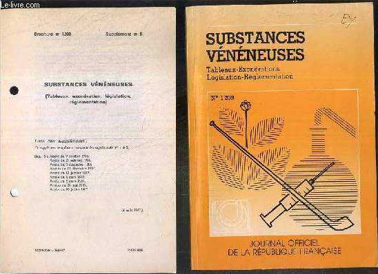 SUBSTANCES VENENEUSES - TABLEAUX-EXONERATIONS-LEGISLATION-REGLEMENTATION / JOURNAL OFFICIEL DE LA REPUBLIQUE FRANCAISE N1209 - 11e EDITION.