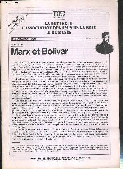 LA LETTRE DE L'ASSOCIATION DES AMIS DE LA BDIC & DU MUSEE - N 8/9 - AVRIL-SEPTEMBRE 1983 - SPECIAL AMERIQUE LATINE - Marx et Bolivar, l'amerique latine  la BDIC, le point de vue d'un historien par Frederic Mauro - les fonds latino-americains  la BDIC: