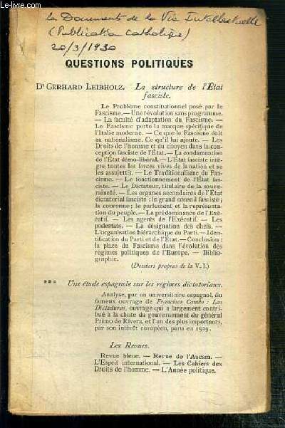 QUESTIONS POLITIQUES - LE DOCUMENT DE LA VIE INTELLECTUELLE (PUBLICATION CATHOLIQUE) - 20-03-1930