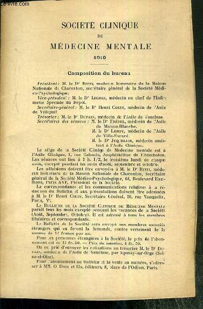 SOCIETE CLINIQUE DE MEDECINE MENTALE 1910