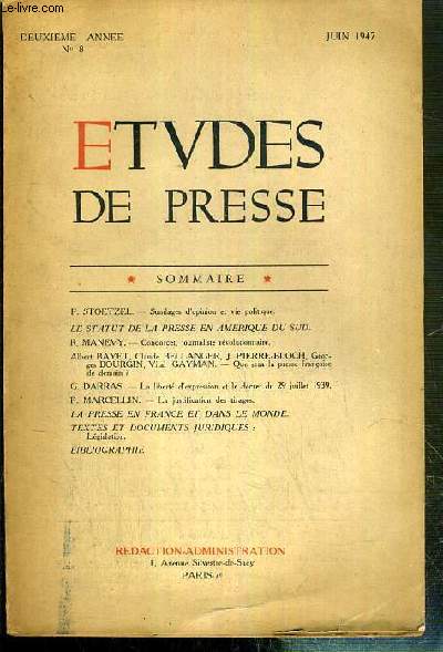 ETUDES DE PRESSE - N8 - DEUXIEME ANNEE - JUIN 1947