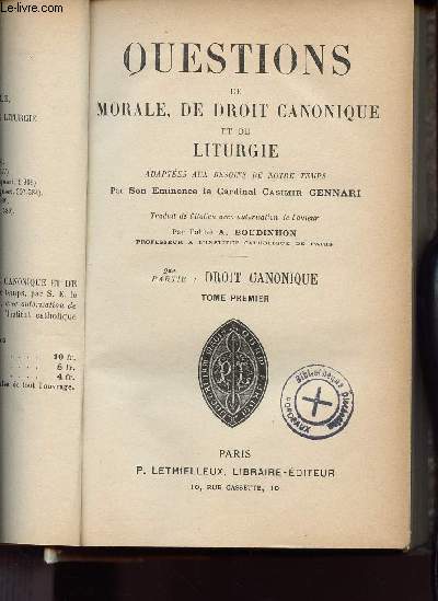 QUESTIONS DE MORALE, DE DROIT CANONIQUE ET DE LITURGIE TOME PREMIER 2e partie droit canonique