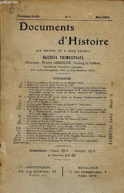 DOCUMENTS D HISTOIRE - N1 - MARS 1912 - une onversation de Catherine de Medicis 1574 / Henri IV aprs la prise d'Amiens 1597/ Henri IV et le Maroc 1602 / un comte oubli de La Fontaine...