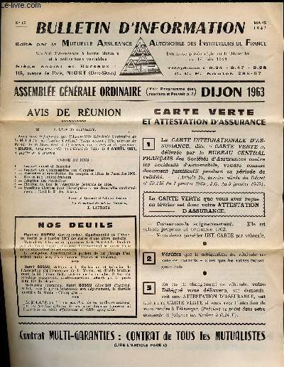 BULLETIN D INFORMATION - N69 - MARS 1963 / ASSEMBLEE GENERALE ORDINAIRE DIJON 1963 / carte verte et attestations d'assurance
