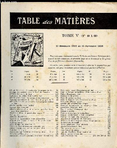 TABLE DES MATIERES - TOME V N49  60 - DU 15 DECEMBRE 1925 AU 15 NOVEMBRE 1926