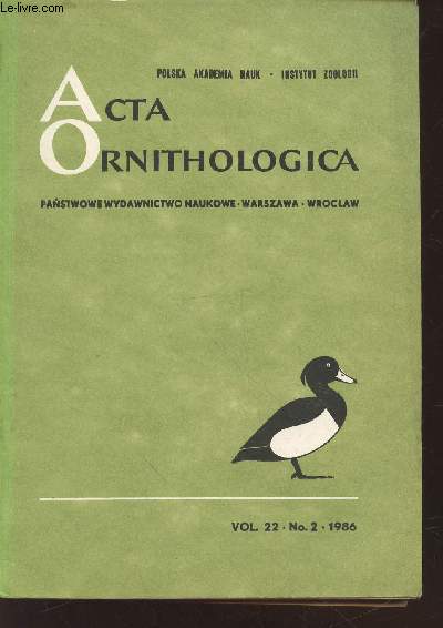 Acta Ornithologica Vol.22 n2 - 1986. Panstwowe wydawnictwo naukowe - Warszawa - Wroclaw. Sommaire : Colonial versus territorail breeding of the great crested grebe Podices cristatus on Lake Druzno - Nesting of crested grebes - etc.