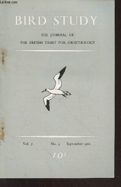 Bird Study Vol 7 n3 September 1960 : The journal of the British Trust for Ornithology. Sommaire : The breeding distribution of thirty bird species in 1952 - Late nest-building of the rook - Notes and anouncements -