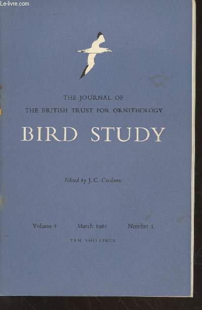 Bird Study Vol 8 n1 March 1961 : The journal of the British Trust for Ornithology. Sommaire : The census of heronies 1959 - An outbreak of disease in Mute swans at an Essex Reservoir - Nesting biology of the Black-necked Grebe - etc.