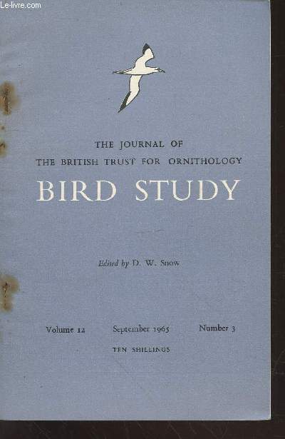 Bird Study Vol 12 n3 September 1965 : The journal of the British Trust for Ornithology. Sommaire : Recoveris of Swallows ringed in Britain and Ireland - Seasonal movements and distribution of Eider in Northeast Scotland - Mortality in wild birds - etc.