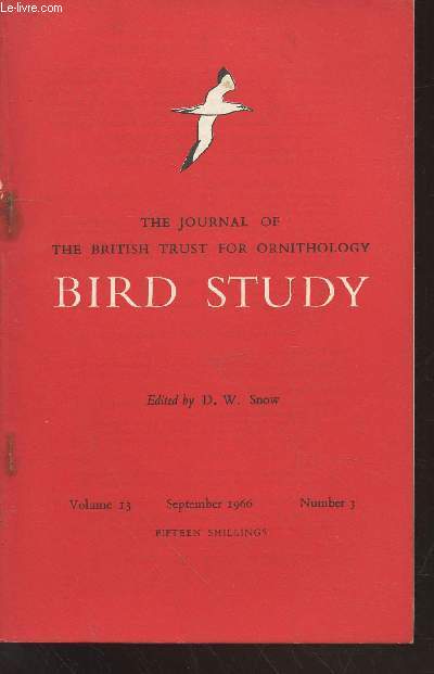 Bird Study Vol 13 n 3 September 1966 : The journal of the British Trust for Ornithology. Sommaire : The status of the Chough in the Bristish Isles - The migration and dispersal of British Blackbirds - On the variation in bill and wing-length etc.
