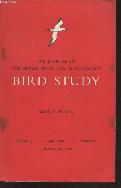 Bird Study Vol 13 n2 June 1966 : The journal of the British Trust for Ornithology. Sommaire : The movements of the Kittiwake - A re-interpreation of courtship feeding - The foods of the Rock Dove and Feral Pigeon - etc.