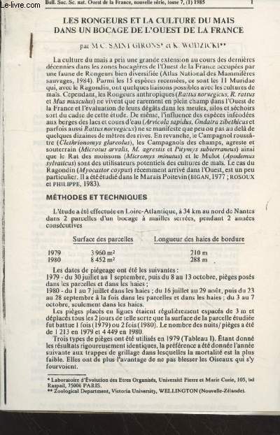 Article photocopi extrait du Bull. Soc. Sc. nat. Ouest de la France, tome 7 (1) 1985 : Les rongeurs et la culture du mas dans un bocage de l'ouest de la France.