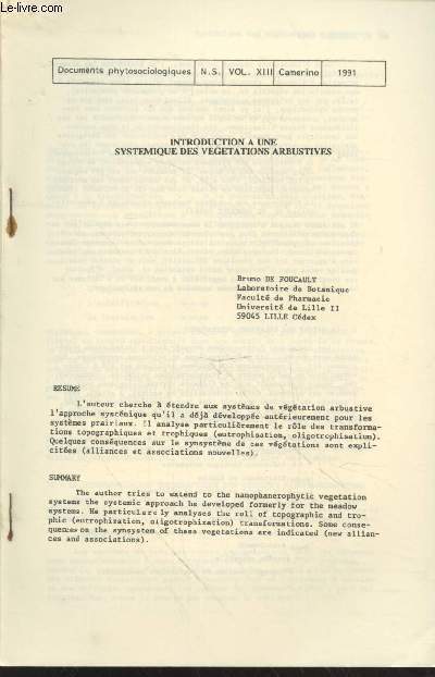 Documents Phytosociologiuques Vol. XIII 1991 : Introduction  une systmique des vgations abusives.