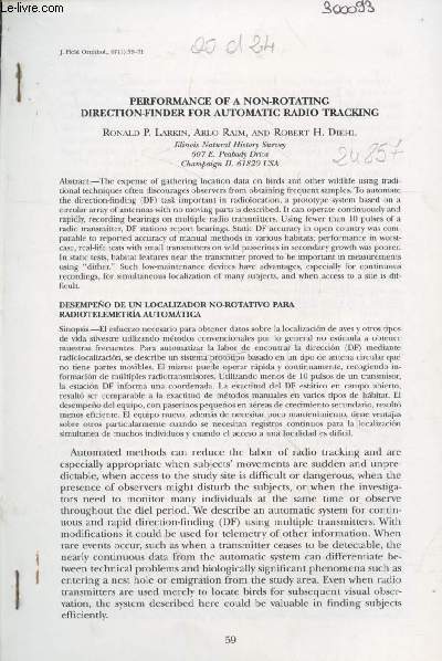 Article extrait de J.Field Ornithol. 67 (1) : Performance of a non-rotating direction-finder for automatic radio tracking.