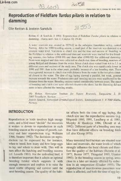 Article extrait de Fauna norv. Ser. C, Clincus 18 : 19-40 - 1995 : Reproduction of Fieldfare Turdus pilaris in relation to damming