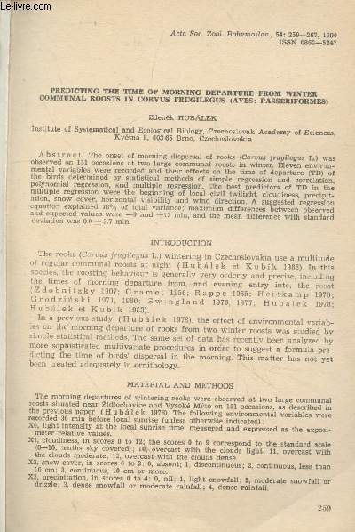 Acta Soc. Zool, Bohemoslov 54 - 1990 : Predicting the time of morning departure from winter communal roosts in corvus frugilegus (Aves : Passeriformes)